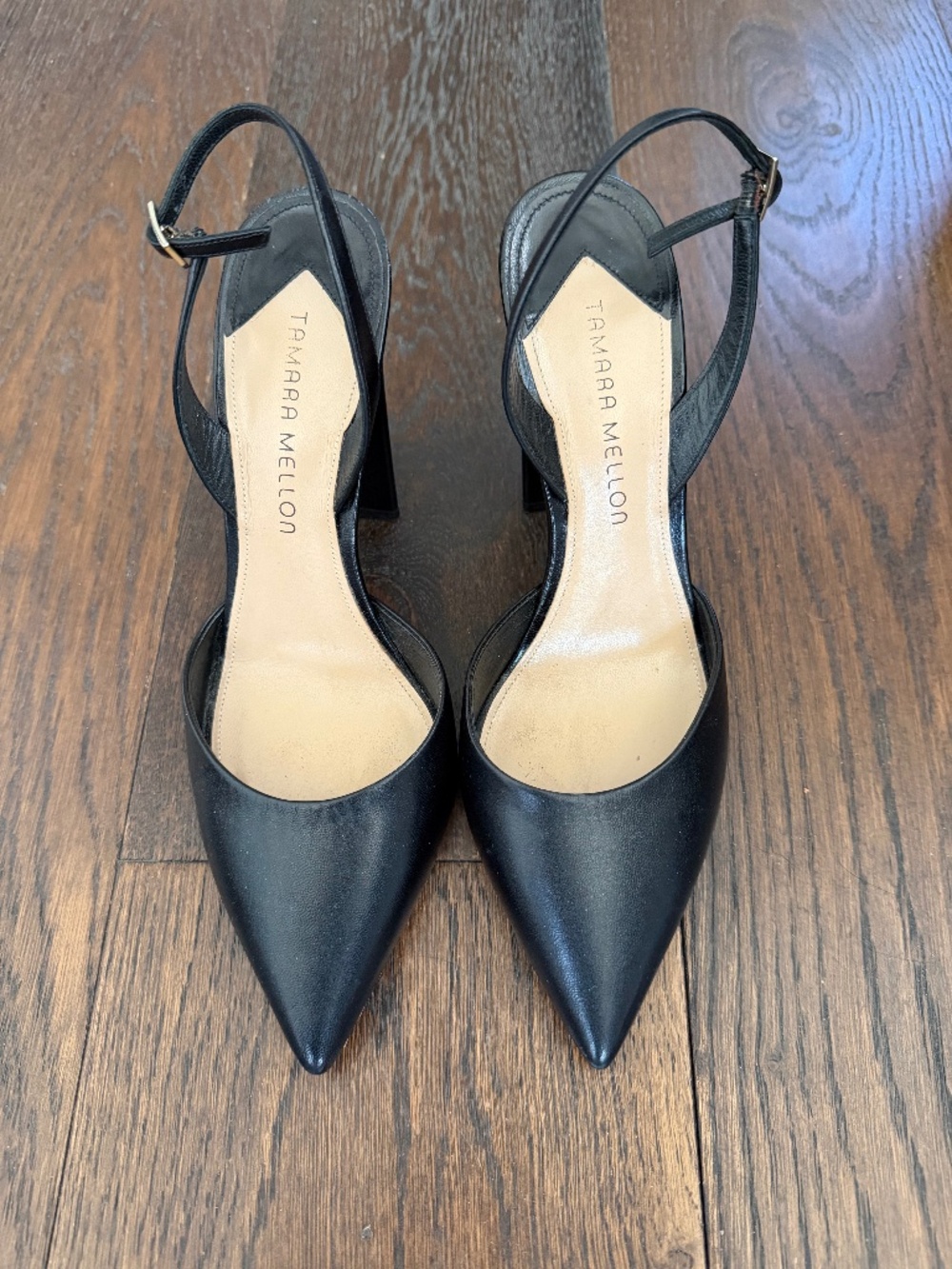 Tamara Mellon Black Kidskin Liaison Slingback Pumps 4-1/2 " Heels Sz. 38-1/2
